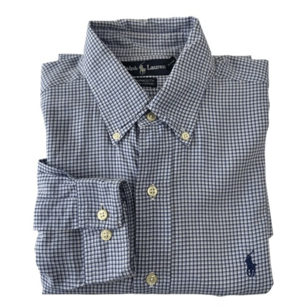 Ralph Lauren Yarmouth Cotton Blue Plaid Preppy Long Sleeve Dress Shirt, 15 1/2'